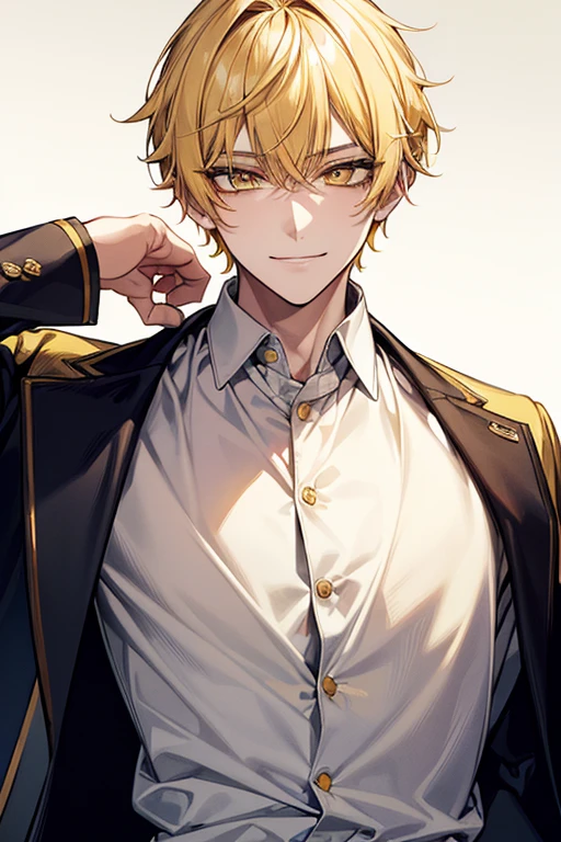 Yellow short hair, Handsome boy with yellow eyebrows and yellow expressive eyes, Smiling, Yellow eyes、细致背景、fashionable shirt
