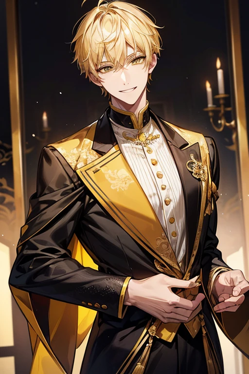 Yellow short hair, Handsome boy with yellow eyebrows and yellow expressive eyes, Smiling, Yellow eyes、细致背景、black gown