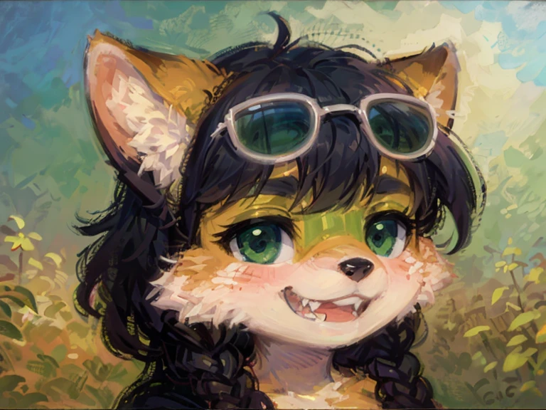 (Furry art),(furry),(furry gril),furry fox,Monet impressionist style,black hair, green hair, long braid, sunglasses, animal ears, clenched teeth, open mouth, grin, naughty, fang out,, Surrealism, Pointillism, blending, chromatic aberration abuse, film grain, anaglyph, optical , outside border, border, negative space, close-up, 8k, super detail, ccurate, masterpiece, highres, 4K
