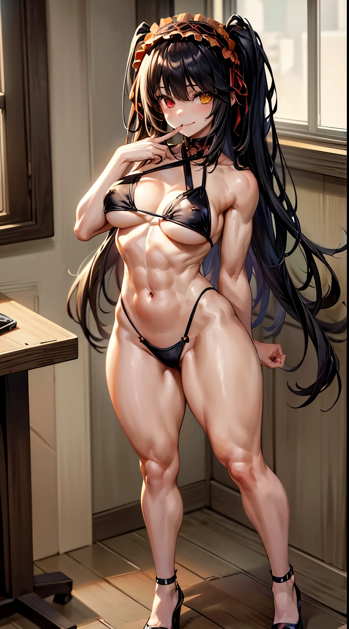 1 girl, bare shoulders, black hair, medium breasts, (muscular legs), muscular belly, wide hips, thin waist, (((clock eyes))), (wearing a very short and sexy bikini), finger to mouth, (((in the motel room))), full body, hairband, (standing looking at me sensually), heterochromia, index finger raised, black high heel shoes, lolita hairband, long hair, red eyes, smiling, Alone, symbol-shaped pupils, (Kurumi tokisaki), (Double tails), yellow eyes