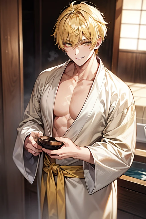 Yellow short hair, Handsome boy with yellow eyebrows and yellow expressive eyes, Smiling, Yellow eyes、细致背景、bath robe