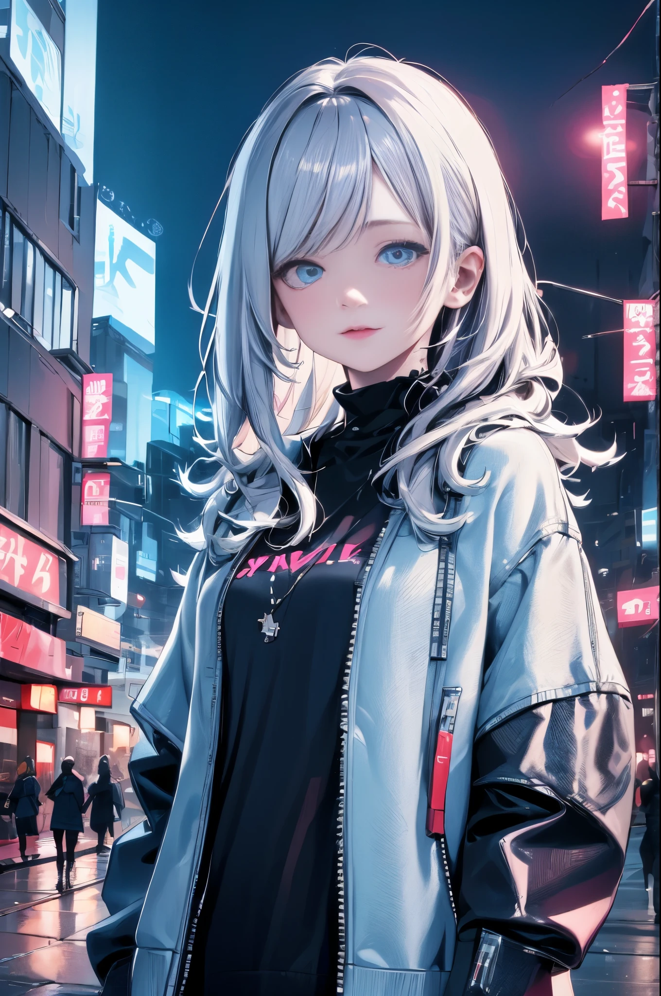 (exceptional, best aesthetic, new, newest, best quality, masterpiece, extremely detailed, anime, waifu:1.2)
BREAK
1girl, solo, silver hair, blue eyes, white jacket, street, night, neon lights