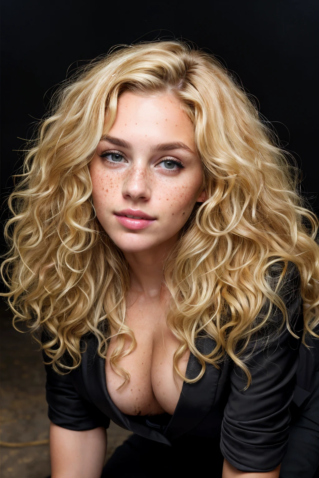 a portrait photo of a beautiful woman with curls and lots of freckles, (dirty blonde ha portrait:1.5), dramatic light , upper body, bending forward, all-fours, hair over one eye, black business suit, open business suit, , staring naughty, Rembrandt lighting scheme, (hyperrealism:1.2), (photorealistic:1.2), shot with Canon EOS 5D Mark IV, detailed face, detailed hair,