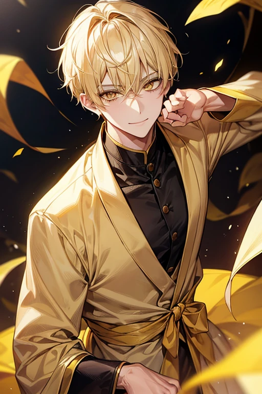 Yellow short hair, Handsome boy with yellow eyebrows and yellow expressive eyes, Smiling, Yellow eyes、细致背景、silk robe
