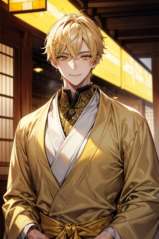 Yellow short hair, Handsome boy with yellow eyebrows and yellow expressive eyes, Smiling, Yellow eyes、细致背景、silk robe