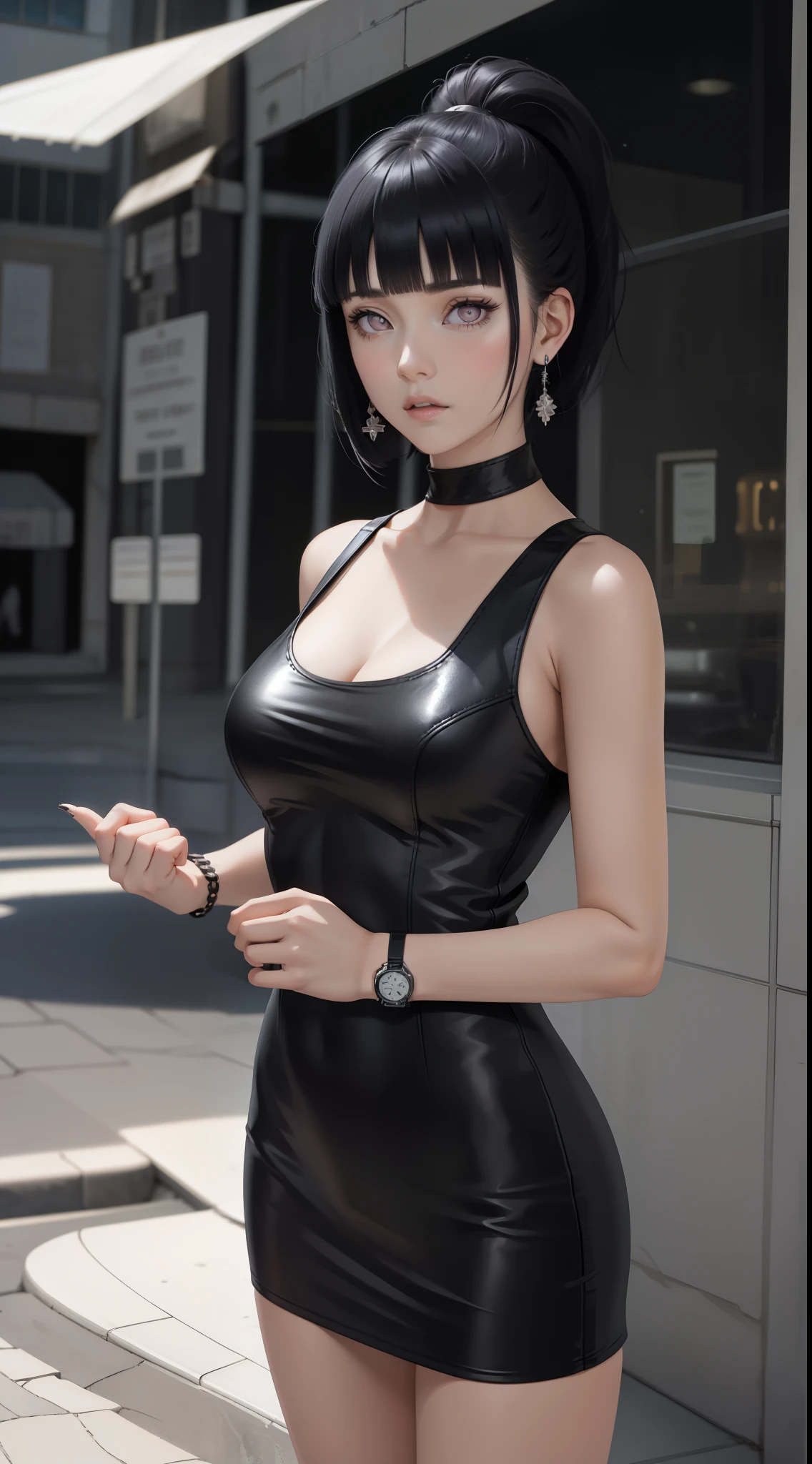 hinata from naruto anime, black hair, short hair, bangs, mauve eyes, wears mascara, ponytail, perfect body, perfect breasts, beautiful woman, very beautiful, a tight black dress, wears a watch wearing earrings,  Realism, masterpiece, textured leather, super detailed, high detail, high quality, best quality, 1080P, HD, 16k