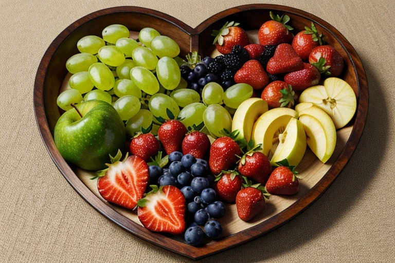 fresh fruits and vegetables served on a heart-shaped wooden tray,painting,still life,detailed strawberries,detailed apples,detailed oranges,detailed grapes,colorful variety,juicy and ripe,freshly picked,beautifully arranged,realistic colors,soft lighting,vibrant colors,crisp and refreshing,retain the natural textures and shapes,artistic composition,lifelike shadows and highlights,high contrast,close-up shots,delicious and healthy bounty,meticulous brushwork,delicate details,elegant shading,masterful technique.