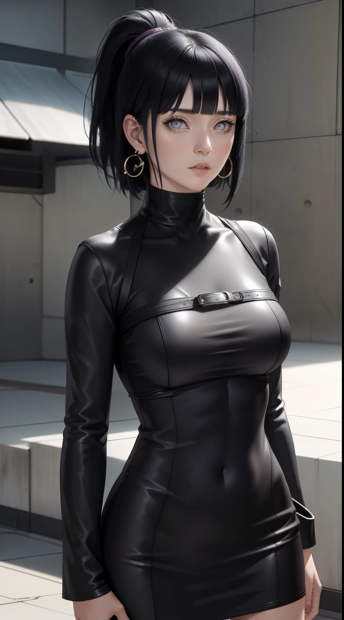 hinata from naruto anime, black hair, short hair, bangs, mauve eyes, wears mascara, ponytail, perfect body, perfect breasts, beautiful woman, very beautiful, a tight black dress, wears a watch wearing earrings, Realism, masterpiece, textured leather, super detailed, high detail, high quality, best quality, 1080P, HD, 16k