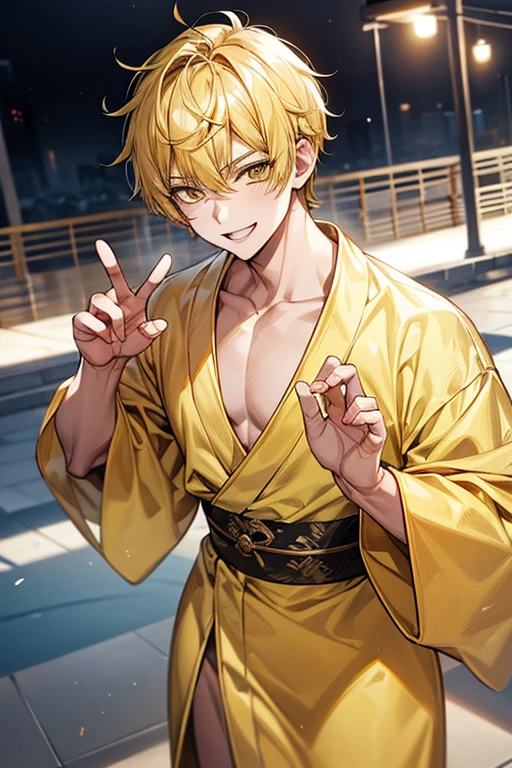 Yellow short hair, Handsome boy with yellow eyebrows and yellow expressive eyes, Smiling, Yellow eyes、细致背景、bathrobe