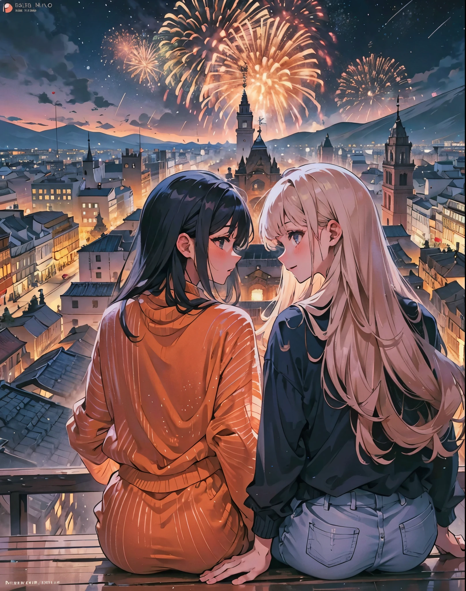 Generate a captivating anime scene featuring a boy and a girl sitting with their backs to the viewer on the rooftop of a building in Arequipa, Peru, while they enjoy the city's New Year's Eve fireworks. The girl should be dressed in a dazzling fantasy outfit inspired by Honkai Impact, and the boy in casual and sporty clothing. Capture the excitement and magic of the moment, emphasizing the connection between the characters and the festive atmosphere of the occasion. Ensure both characters are facing away from the viewer to add a sense of mystery and anticipation. Include authentic details of Arequipa and the local architectural style to give a unique touch to the scene estilo novela ligera, ciudad latinoamericana 9:16 --auto --s2