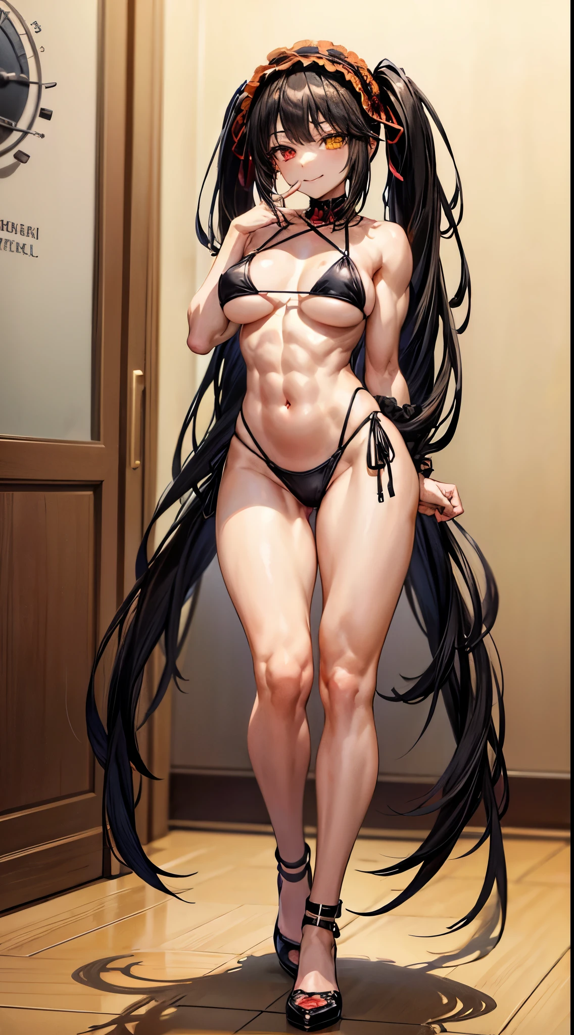 1 girl, bare shoulders, black hair, medium , (muscular legs), muscular belly, wide hips, thin waist, (((clock eyes))), (wearing a very short and sexy bii), finger to mouth, (((in the motel room))), full body, hairband, (standing looking at me sensually), standing, heterochromia, index finger raised, black high heel shoes, lolita hai long hair, red eyes , smiling, alone, symbol-shaped pupils, (Kurumi tokisaki), (twintails), yellow eyes