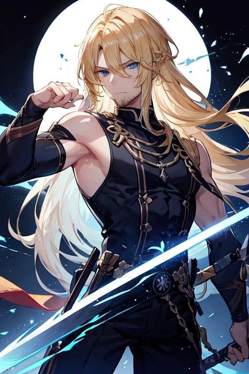 A muscular blonde haired man with blue eyes and long hair and a dark beard is posing with a sword