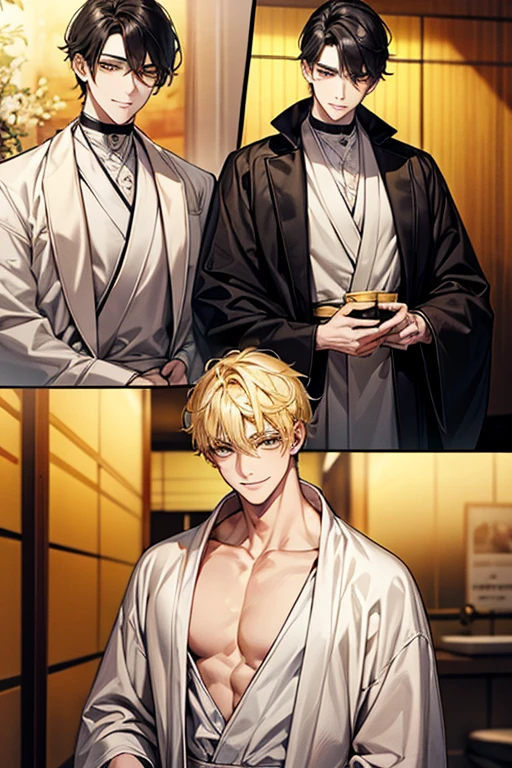 Yellow short hair, Handsome boy with yellow eyebrows and yellow expressive eyes, Smiling, Yellow eyes、细致背景、Black bathrobe