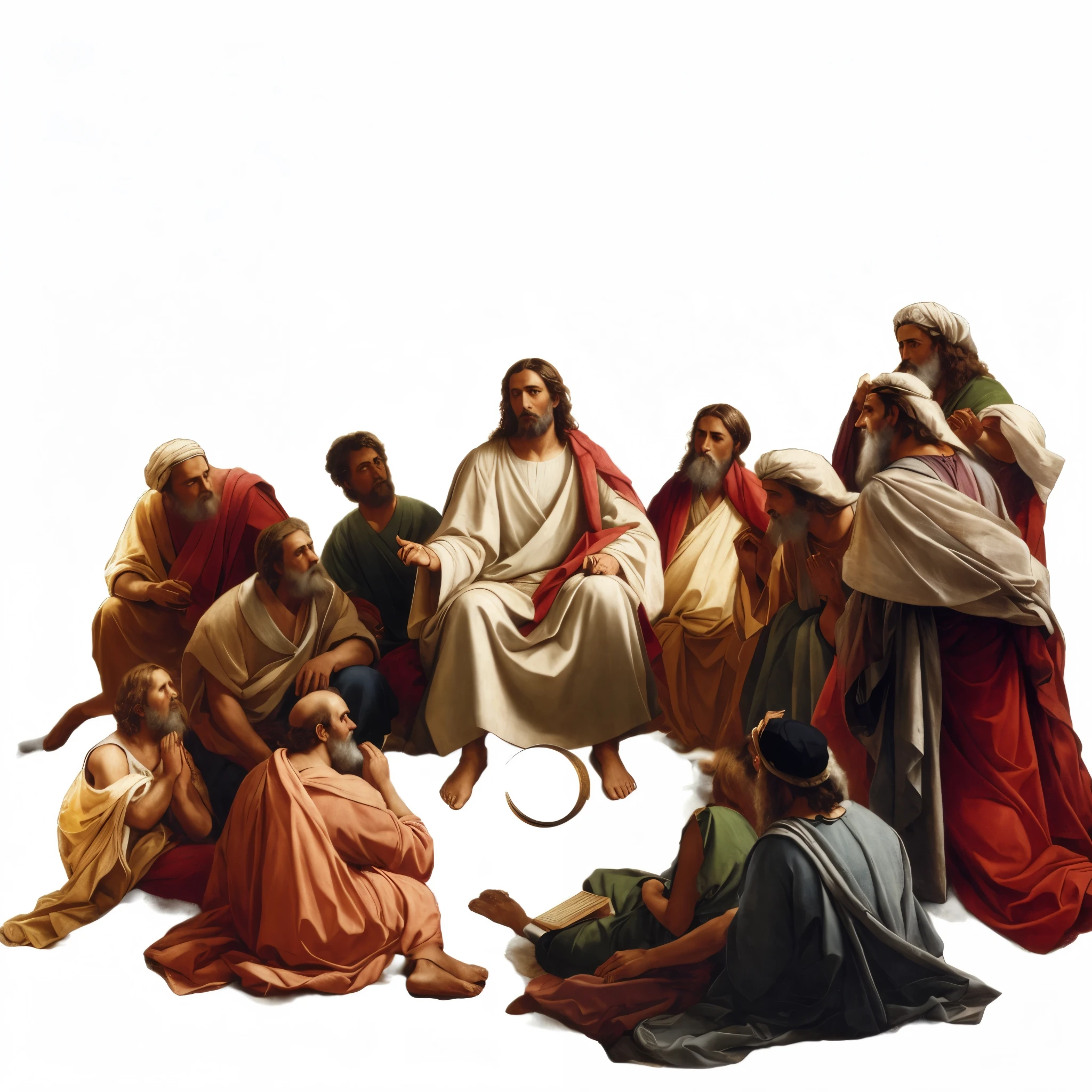 Image of a group of people sitting in a circle, last supper composition, catholic religious art, pintura religiosa, renaissance pintura religiosa, Christian art, Directed by: Antonio Ciseri, Directed by: Cristofano Allori, the last supper painting, Paulo Delaroche, Directed by: Carl Heinrich Bloch, the last supper, last supper, Rutkowski e Caravaggio