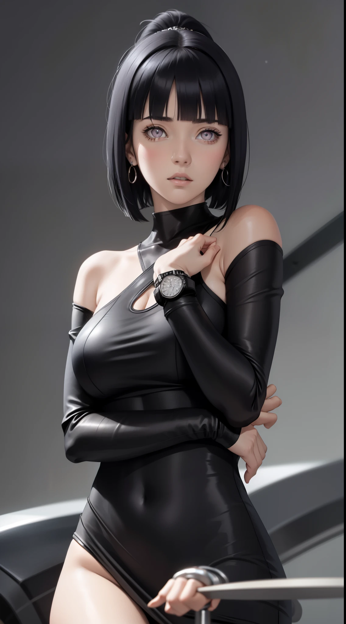 hinata from naruto anime, black hair, short hair, bangs, mauve eyes, wears mascara, ponytail, perfect body, perfect breasts, beautiful woman, very beautiful, a tight black dress, wears a watch wearing earrings, Realism, masterpiece, textured leather, super detailed, high detail, high quality, best quality, 1080P, HD, 16k