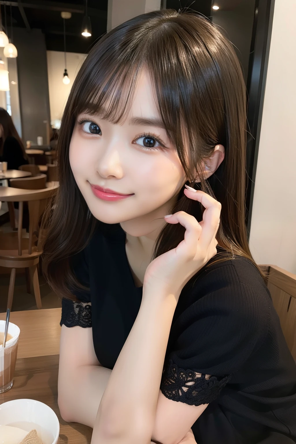 masutepiece, Best Quality, Illustration, Ultra-detailed, finely detail, hight resolution, 8K Wallpaper, Perfect dynamic composition, Beautiful detailed eyes, Wearing a black knitted dress,small tits,Natural Color Lip, sexypose,Smile,20 years girl、Cute、Sexy shot looking at camera,Background blur,KPOP Idol Face,Shot in a fashionable café