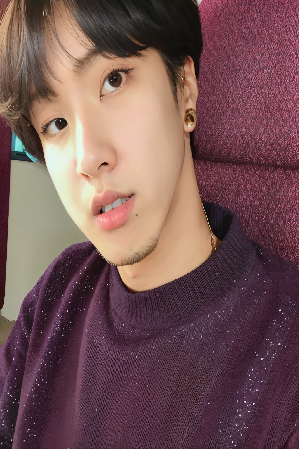 arafed asian man wearing a purple sweater and earrings sitting on a chair, jungkook, Jimin\labios regordetes, Jimin\swollen right eyelid, Kim Doyoung, Sus ojos se ven sabios, Hyung Tae, Wan adorable cara coreana, park Jimin, Taejune Kim, Jimin, Yoongi de pelo negro, Jung Jaehyun, Has short, curly brown hair