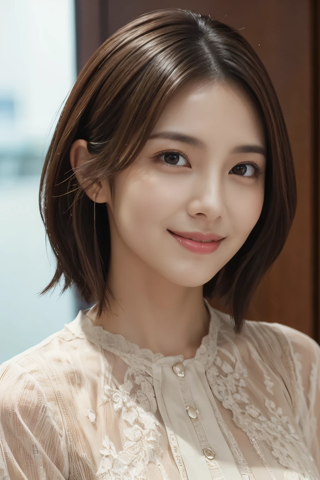 (Raw photography), (Photorealsitic), (masterpiece), (top-quality), hight resolution, 32k resolution, (intricate detailes), (volumatic light), portlate, femele, 40 years, short-hair, straight haired, Layered hair, brown haired, extremely detailed eye, Sauce order, Highly detailed eyebrows, highlydetailed skin, highly detail mouth, highly detailed nose, cute like an idol, Happy smile, ((thick lips)), ((Look at viewers)), (Classy blouse)