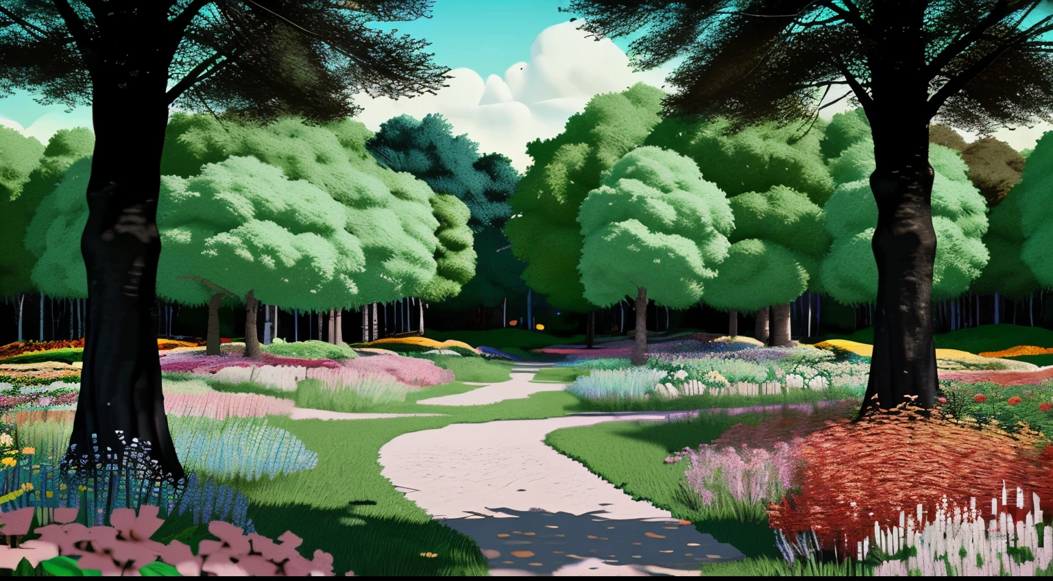 estilo cartoon network | | "Hora da Aventura", Uma floresta exuberante e colorida, full of trees , flores lindas e coloridas.