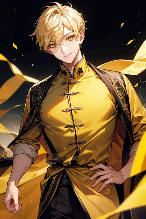 Yellow short hair, yellow long eyelashes、Handsome boy with yellow eyebrows and yellow expressive eyes, Smiling, Yellow eyes、细致背景、black china