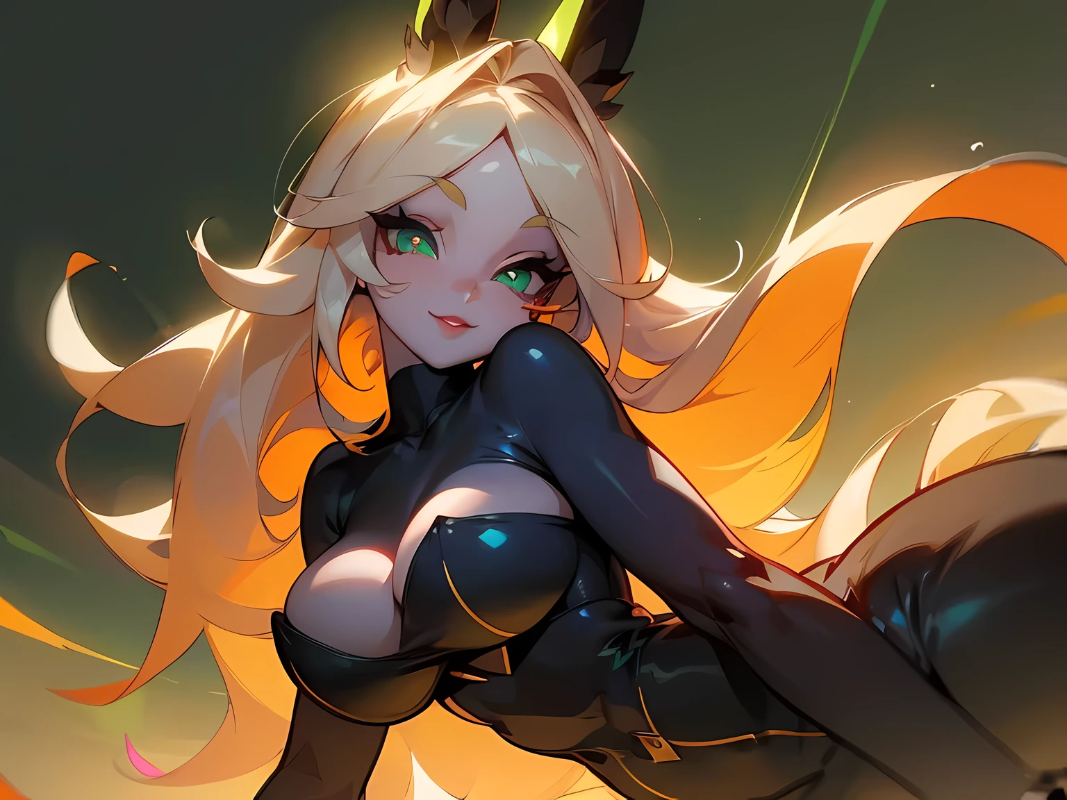 ((high res, HDR, HD, Ultra sharp, 8k)), photographic photo of a girl viera, round perky medium breasts, very long White hair, very detailed face, cute laughing smile, ((long eyelashes, black mascara)), red lipstick, black eyeliner, (glowing round detailed (radiant green eyes, bold demeanor, classy pose))), (((Glossy skin))),

slim and smooth lines, fill lighting , ((dutch angle)), ((looking at the viewer)), 
shorts, bodycon shorts, crop top overhang, midjourney,