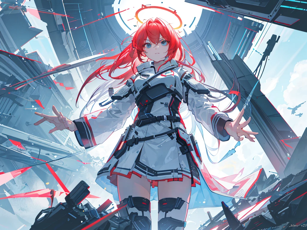 (best quality, UHD:1.2), glaring, cinematic lighting, god rays, gradient hair, halo, from below, anatomically correct, anaglyph