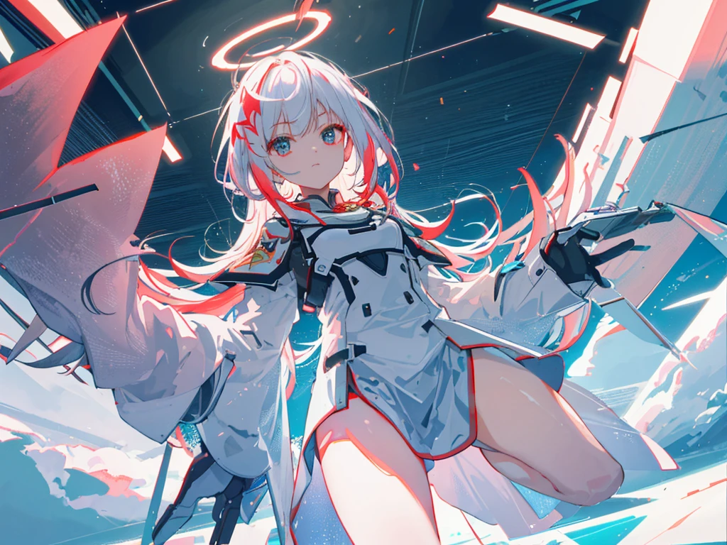 a mechanized girl, white hair, short hair, red eyes, mechanical sailor uniform, seven-colored night sky, neon colors, neon lights, light streaks, squatting, best quality, ultra-detailed, masterpiece, shallow depth of field