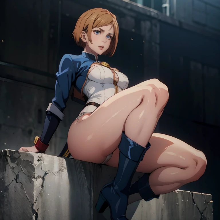 Nobara Kugisaki from Jujutsu Kaisen wearing a Power Girl costume、25-years old、beautiful legs and big chest、Brown hair、short-hair、hight resolution、8K、A smile、エロ、Beautiful legs、White High Leg、blue boot gloves、Bite