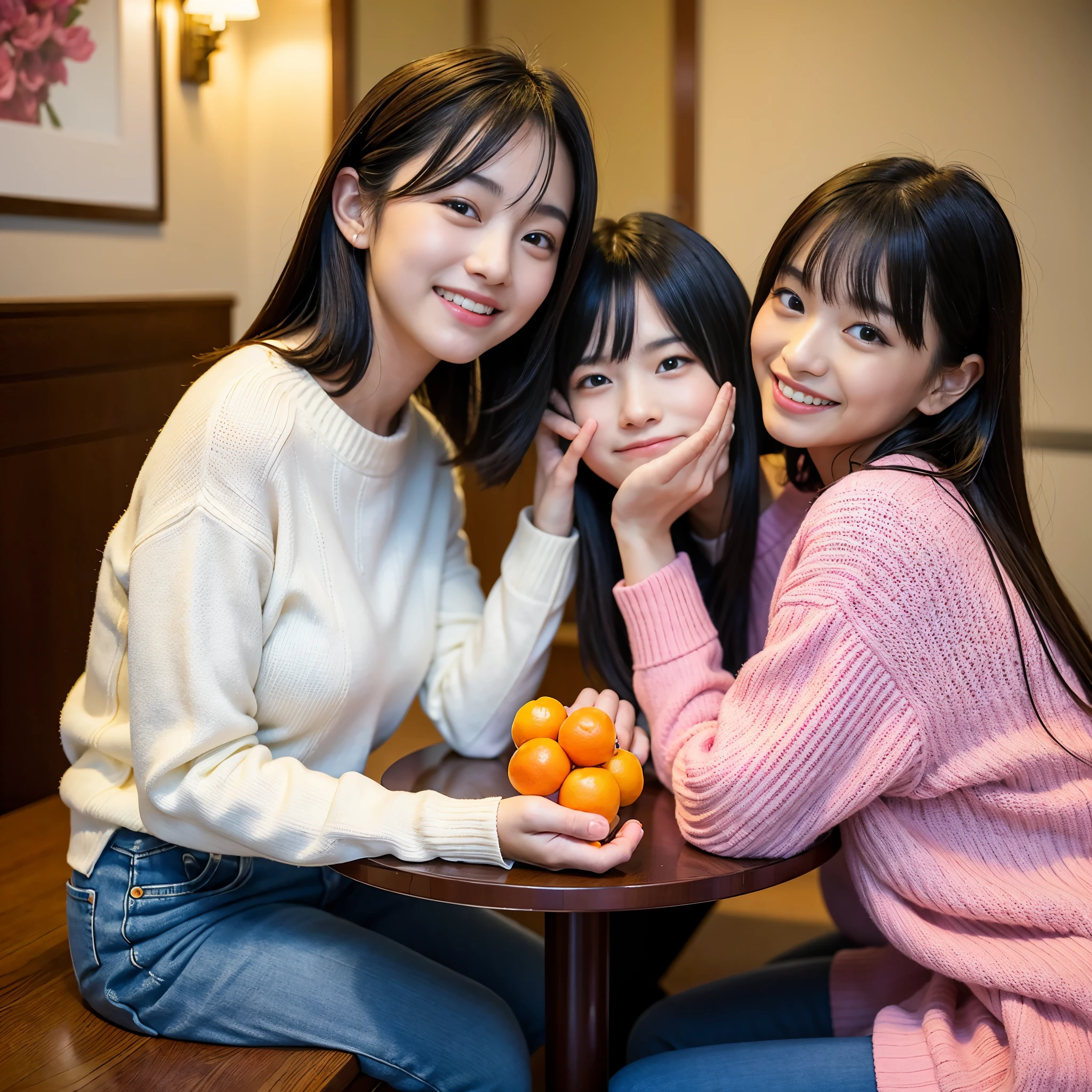 BEST-QUALITY, MASTERPIECE, ULTRA-HIGH-RESOLUTION, (PHOTOREALISTIC:1.4), RAW-PHOTO, ULTRA DETAILES, PERFECT-ANATOMY,
at midnight, In the Japanese-style room, 2girls, lesbian couple, -yeld ande most popular Japanese idol, 18-years-old and the most popular Japanese actress, (((sitting across the table facing each other))), holding small Mandarin Oranges, (((looking at each other and laughing))), detailed table, detailed Mandarin Oranges on the KOTATSU, detailed pink sweater, detailed white sweater, detailed jeans, both different faces, extremely cute profile like a Japanese famous idol, extremely beautiful profile like a famous Japanese actress, extremely beautiful big black eyes, extremely beautiful black solid circle eyes, extremely beautiful and extremely realistic skins, extremely beautiful hands, detailed fingers