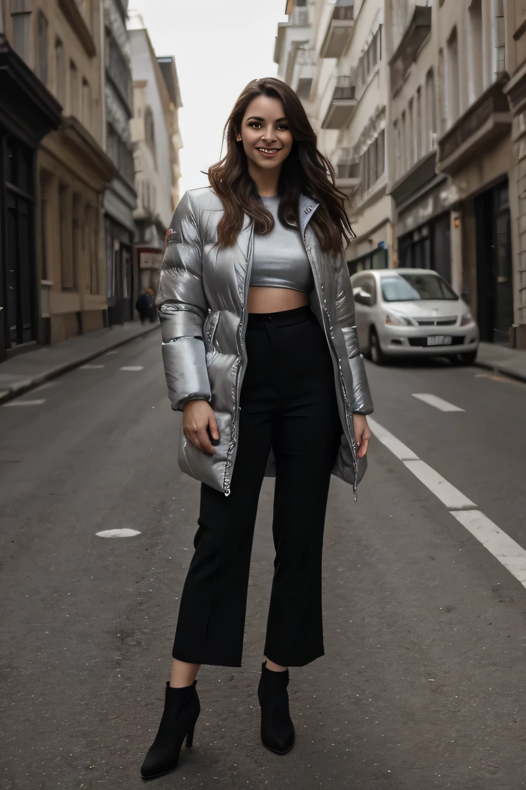 full-body standing figure photo of Pelin Stevenson 25 years old girl, breast size 36D, wearing silver long puffer jacket, wide lens, brown hair, ((black eyes)), (smiling), highly detailed, detailed skin texture, ultra skin texture, skin pores, (wild long hair), thin face, thin nose, (white skin),(white body), western face, predatory eyes, perfect, ((best quality)), ((photorealistic: 1.4)), front view, wide angle, film stock photograph, rich colors, hyper-realistic, lifelike texture, dramatic lighting, normal standing pose, full-body, outdoor, street,