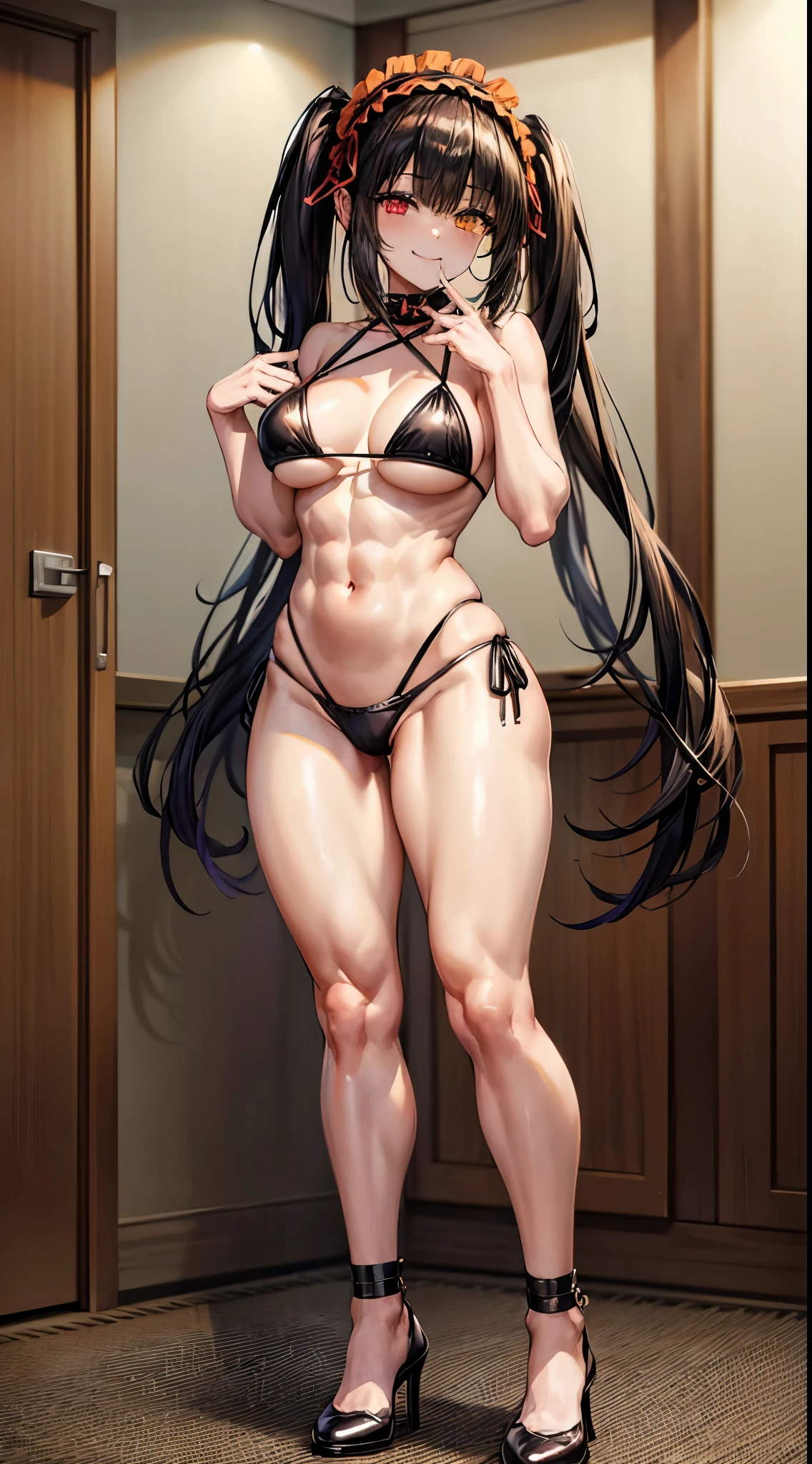 1 girl, bare shoulders, black hair, medium breasts, (muscular legs), muscular belly, wide hips, thin waist, (((clock eyes))), (wearing a very short and sexy bikini), finger to mouth, (((in the motel room))), full body, hairband, (standing looking at me sensually), standing, heterochromia, index finger raised, black high heel shoes, lolita hairband, long hair, red eyes , smiling, alone, symbol-shaped pupils, (Kurumi tokisaki), (twintails), yellow eyes