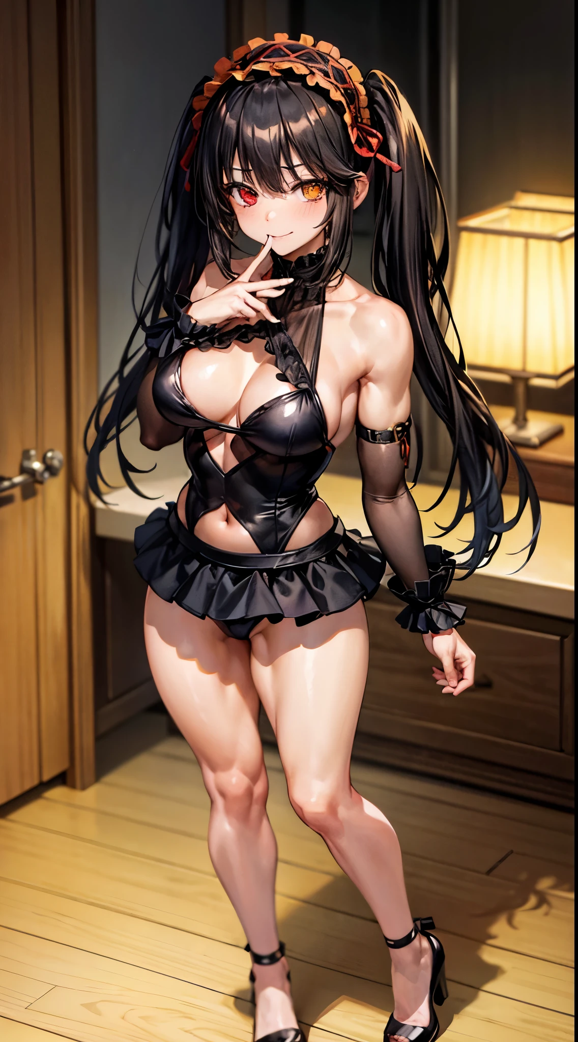 1 girl, bare shoulders, black hair, medium breasts, (muscular legs), muscular belly, wide hips, thin waist, (((clock eyes))), (wearing a very short and sexy bikini), finger to mouth, (((in the motel room))), full body, hairband, (standing looking at me sensually), standing, heterochromia, index finger raised, black high heel shoes, ta hairband, long hair, red eyes , smiling, alone, symbol-shaped pupils, (Kurumi tokisaki), (twintails), yellow eyes