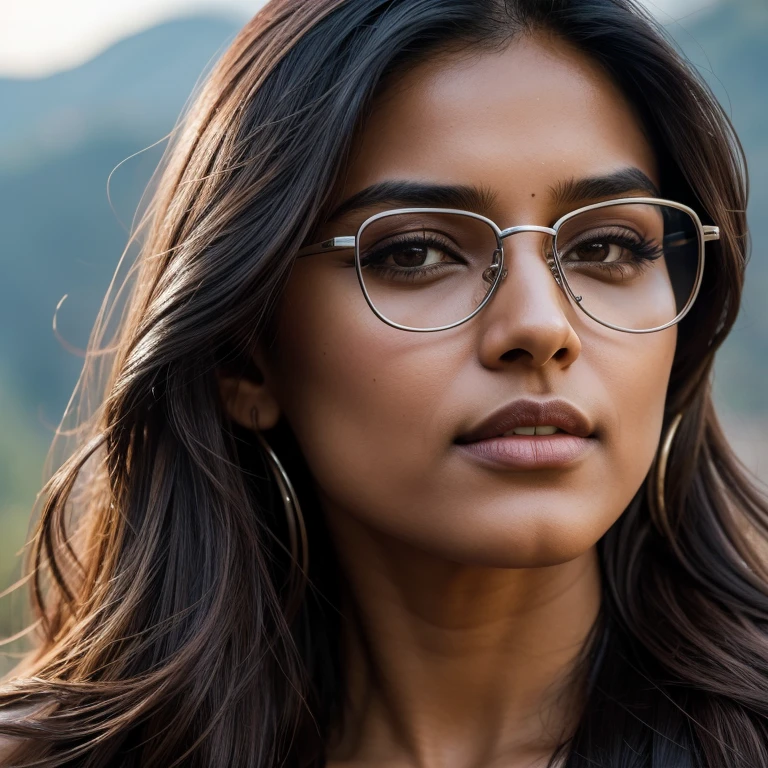 the beautiful woman with long hair and dark glasses, in the style of 8k resolution, close-up, dark silver and light brown, indian scenes, queer academia, high quality, precisionist lines, whistlerian --ar 69:128 --s 750 --v 5.2