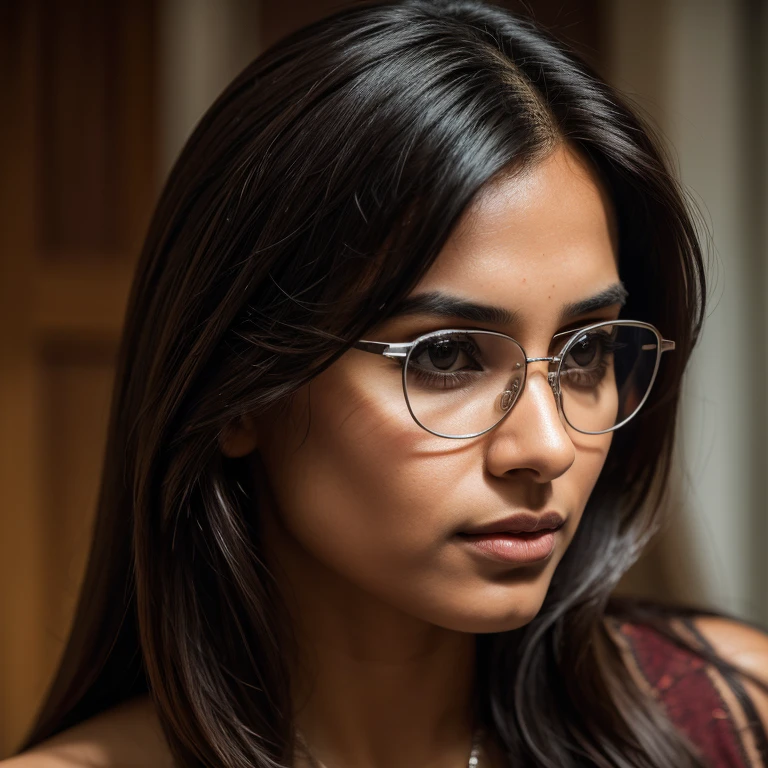 the beautiful woman with long hair and dark glasses, in the style of 8k resolution, close-up, dark silver and light brown, indian scenes, queer academia, high quality, precisionist lines, whistlerian --ar 69:128 --s 750 --v 5.2