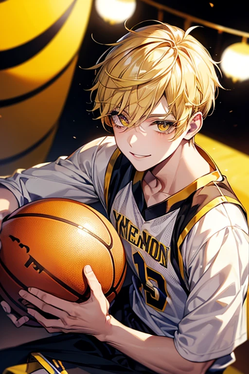Yellow short hair, yellow long eyelashes、Handsome boy with yellow eyebrows and yellow expressive eyes, Smiling, Yellow eyes、细致背景、basketball