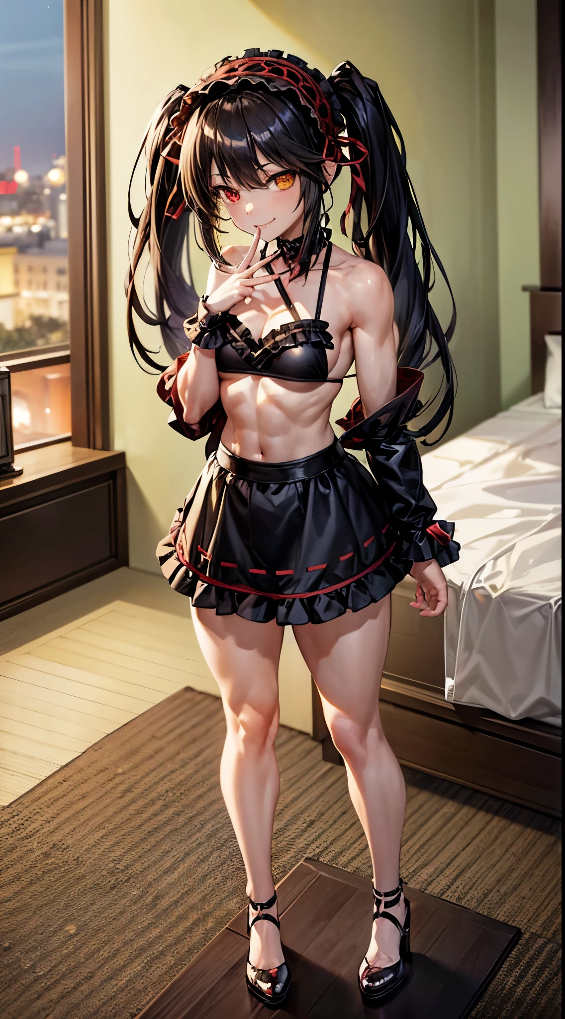 1 girl, bare shoulders, black hair, medium breasts, (muscular legs), muscular belly, wide hips, thin waist, (((clock eyes))), (wearing a very short and sexy bikini), finger to mouth, (((in the motel room))), full body, hairband, (standing looking at me sensually), standing, heterochromia, index finger raised, black high heel shoes, lolita hairband, long hair, red eyes , smiling, alone, symbol-shaped pupils, (Kurumi tokisaki), (twintails), yellow eyes