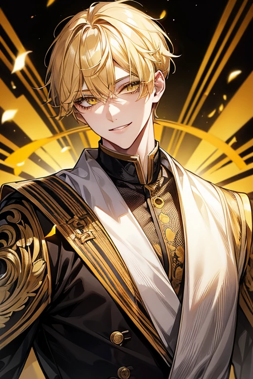 Yellow short hair, yellow long eyelashes、Handsome boy with yellow eyebrows and yellow expressive eyes, Smiling, Yellow eyes、细致背景、modeled