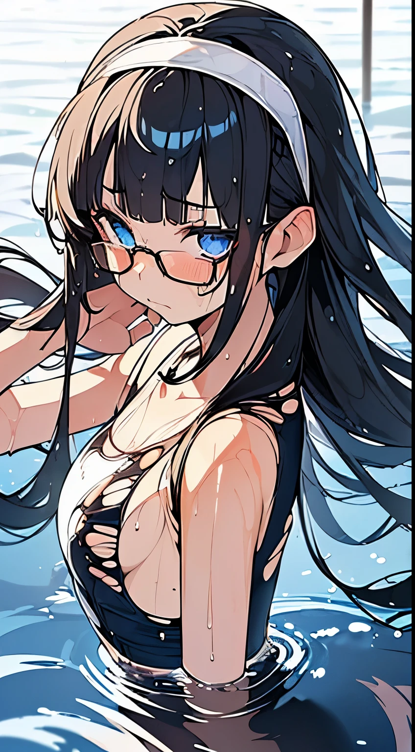 masterpiece, best quality, extremely detailed, anime, ((((petite,)))) (((1 girl,))) (((solo,))) young, long hair blown up, blunt bangs, detailed black hair, cute face, small Breasts, beautiful detailed blue eyes, white skin, braun hairband, ((navy blue school swimsuit,)) glasses, ((shiny,)) embarrassed, (((((wet,))))) (((dynamic angle,))) (((((vulgarity,))))) (((((torn clothes,)))))