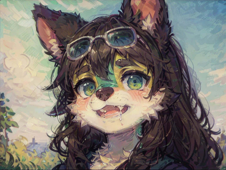 (Furry art),(furry),(furry gril),furry dog,Monet Impressionist style,black hair, green hair, long braid, sunglasses, animal ears, clenched teeth, open mouth, grin, naughty, fang out,, Surrealism, Pointillism, blending, chromatic aberration abuse, film grain, anaglyph, optical , outside border, border, background,negative space, close-up, 8k, super detail, ccurate, masterpiece, highres, 4K