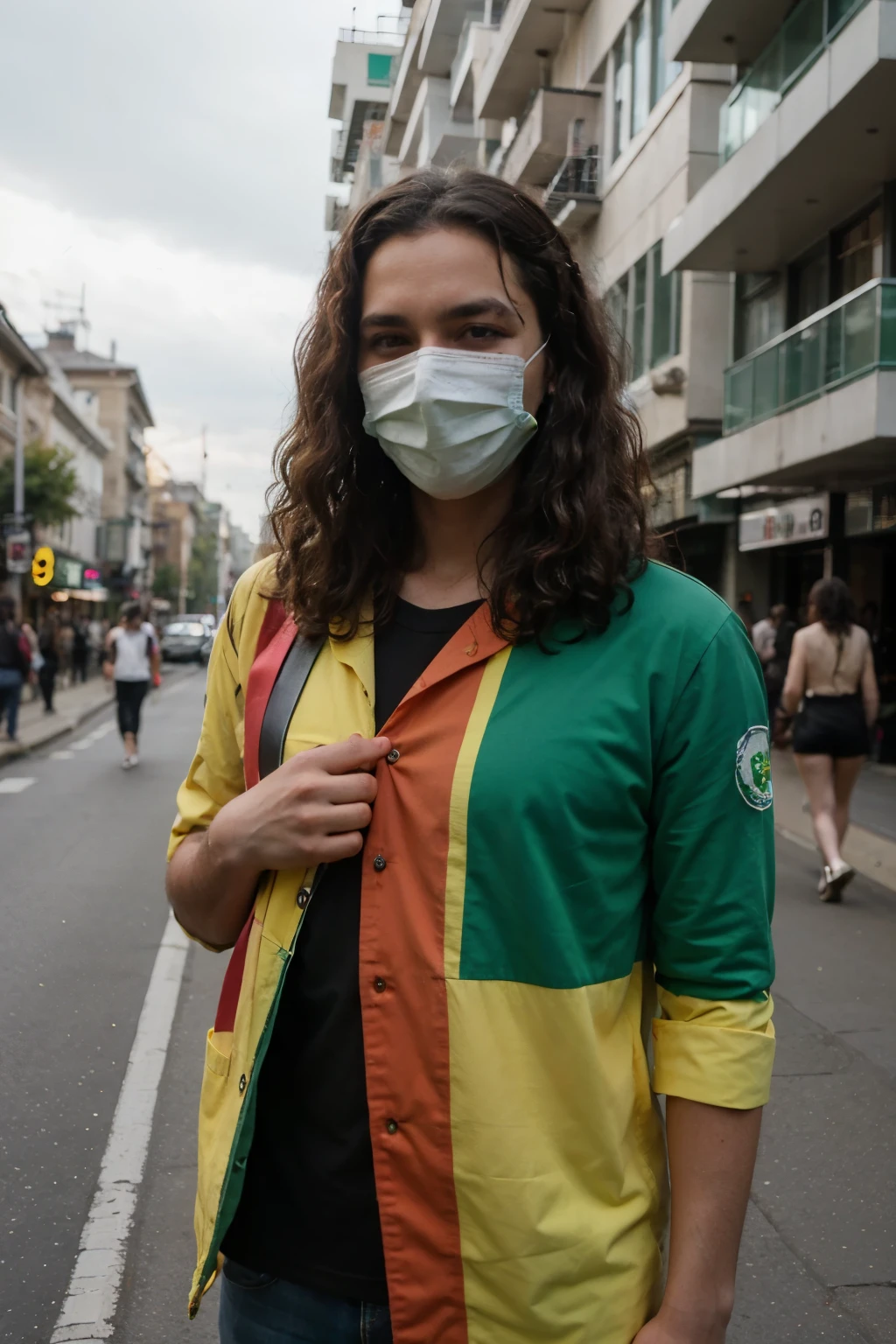 The Scary person who has Curly hair and he catch Ethiopian flag(Green yellow red color) & he wears  Green yellow red mask and its background is many people In Road .