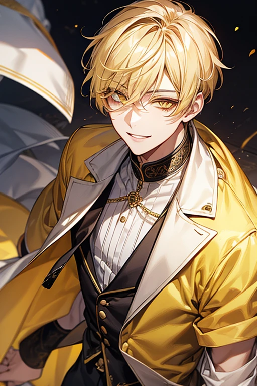 Yellow short hair, yellow long eyelashes、Handsome boy with yellow eyebrows and yellow expressive eyes, Smiling, Yellow eyes、细致背景、JINS