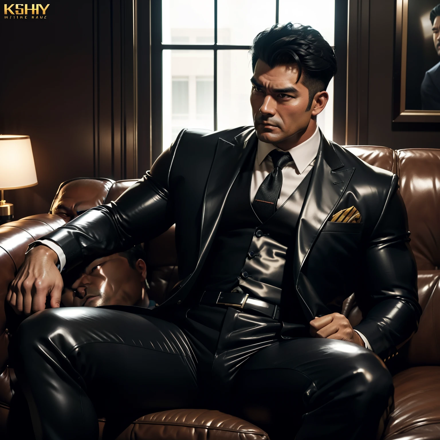 Manly muscular man with flushed smile sitting in a leather chair at the ofice showing his big foot in the sock, he is wearing a tight suit white cigarette in his mouth, macho, manly, smoker, smoking a cigarette, pack of marlboro, ashtray