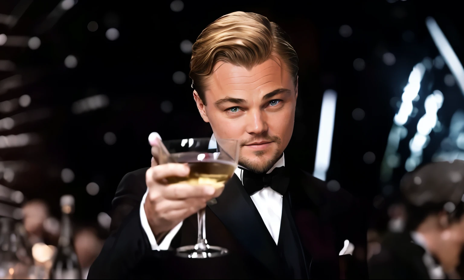 Afef man in tuxedo holding glass of wine, "Leonardo DiCaprio, Leonardo DiCaprio, Leonardo DiCaprio's face, Leonardo DiCaprio meme, smug smirk, applause, Портрет Leonardo DiCaprio, big laughter, 1 9 2 0 e film actor, holding a drink, smug smirk, drinks a drink, a color, Have a martini