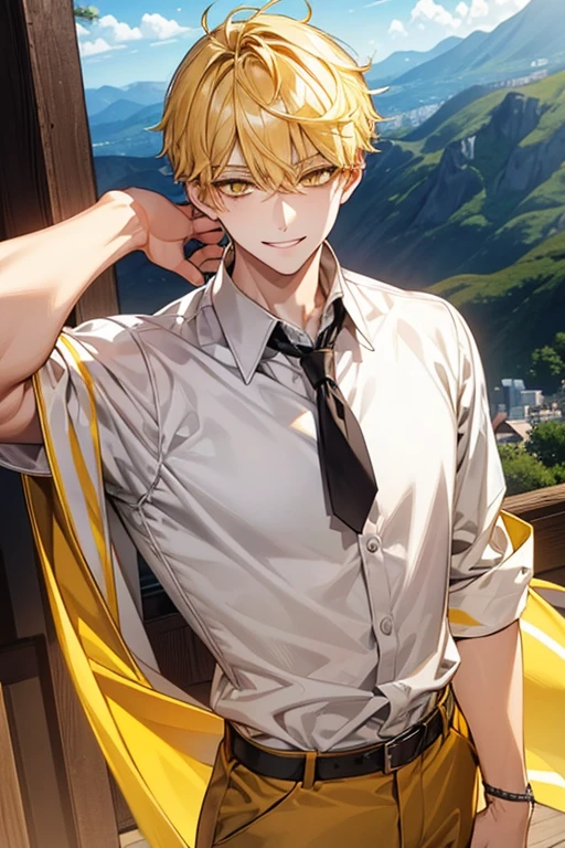 Yellow short hair, yellow long eyelashes、Handsome boy with yellow eyebrows and yellow expressive eyes, Smiling, Yellow eyes、细致背景、blackTThe shirt