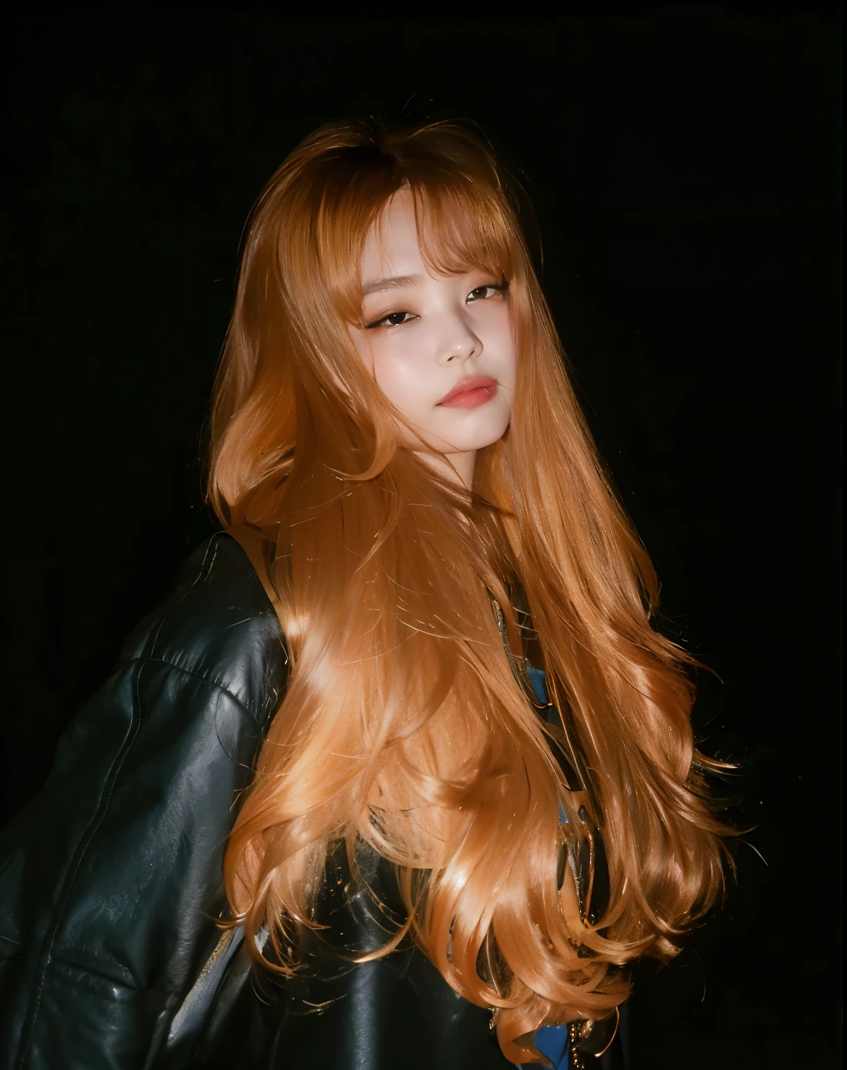 mulher arafed com longos cabelos vermelhos vestindo uma jaqueta de couro preta, long hair com franja completa, long hair com franja, brown long hair com franja, com franja, cabelos castanhos e franja, franja central separada, cabelo longo de gengibre, Retrato de Kim Petras, Ela tem longos cabelos castanhos alaranjados, longos cabelos ruivos brilhantes, com franja completa, brown hair com franja