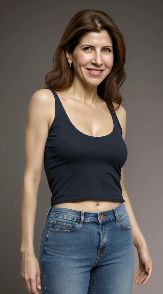 there is a woman smiling for a picture, wearing a tanktop and jeans, christina kritkou-lorena avarez-caroline gariba-fernanda suarez-marisa tomei-jessica hecht-kelly preston-bebe neuwirth-carrie fisher-maya rudolph-sarah drew-zoe kazan-sarah palin-sunny leone-caroline aaron-kathy najimy merged, entire body visible, full body, hyperrealistic, best quality, 8K, real human skin, masterpiece, extremely intricate, medium closeup, detailed eyes, detailed face, detailed body, exaggerated features, pronounced features