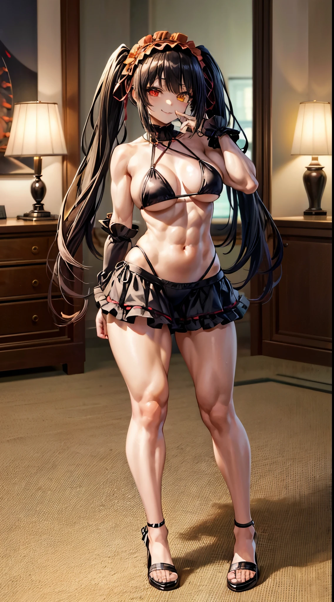 1 girl, bare shoulders, black hair, medium breasts, (muscular legs), muscular belly, wide hips, thin waist, (((clock eyes))), (wearing a very short and sexy bikini), finger to mouth, (((in the motel room))), full body, hairband, (standing looking at me sensually), standing, heterochromia, index finger raised, black high heel shoes, lolita hairband, long hair, red eyes , smiling, alone, symbol-shaped pupils, (Kurumi tokisaki), (twintails), yellow eyes