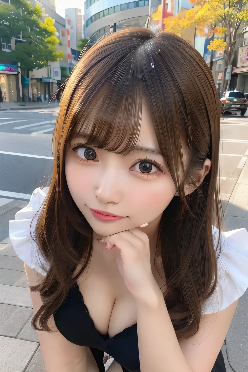 masutepiece, Best Quality, Illustration, Ultra-detailed, finely detail, hight resolution, 8K Wallpaper, Perfect dynamic composition, Beautiful detailed eyes, Tight Mini,Medium Hair,Big breasts,Natural Color Lip, Randomly sexy poses,Harajuku、20 years girl、Cute、Sexy shot looking at camera、thin arm