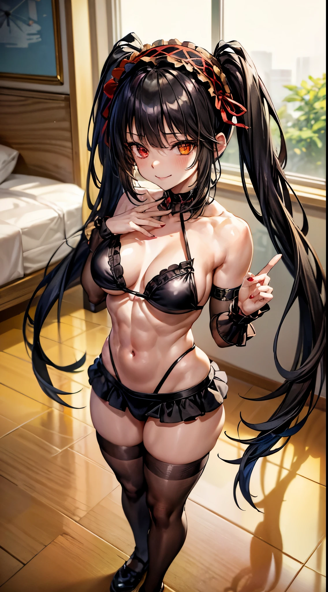 1 girl, bare shoulders, black hair, medium breasts, (muscular legs), muscular belly, wide hips, thin waist, (((clock eyes))), (wearing a very short and sexy bikini), finger to mouth, (((in the motel room))), full body, hairband, (standing looking at me sensually), standing, heterochromia, index finger raised, black high heel shoes, ta hairband, long hair, red eyes , smiling, alone, symbol-shaped pupils, (Kurumi tokisaki), (twintails), yellow eyes