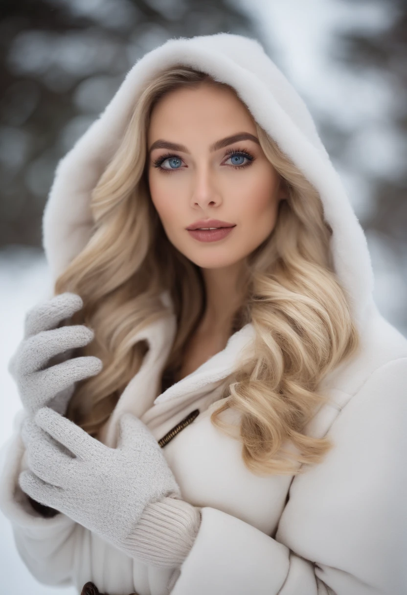 Blonde woman in snow warm clothes fully dressed with gloves,  with blue eyes, portrait sophie mudd, crowded background, Best quality, 1 girl, Portrait of Corinna Kopf, blonde hair aand large eyes, selfie of a young woman, Orn makeup, natural makeup, Look directly into the camera, face with artgram, Decentus makeup, Great full body photo, Being in the room, Large of breast, Blonde, latina